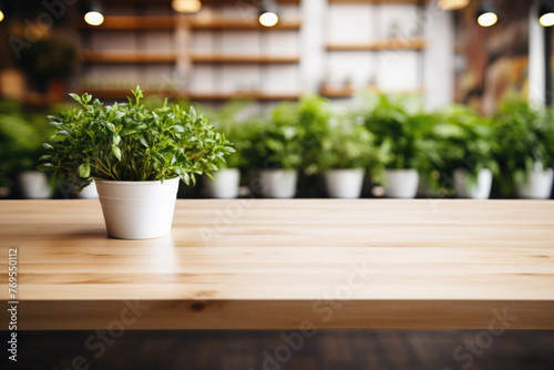 Wooden kitchen home table bokeh background, empty wood desk tabletop food counter surface product display mockup with blurry cafe abstract backdrop advertising presentation. Mock up, copy space . photo