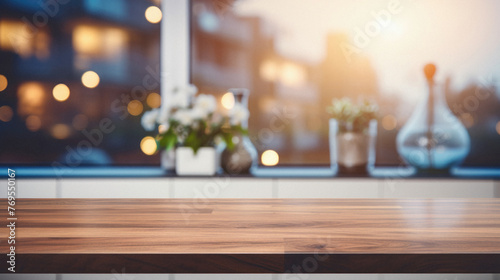 Wooden kitchen home table bokeh background, empty wood desk tabletop food counter surface product display mockup with blurry cafe abstract backdrop advertising presentation. Mock up, copy space . © Synthetica