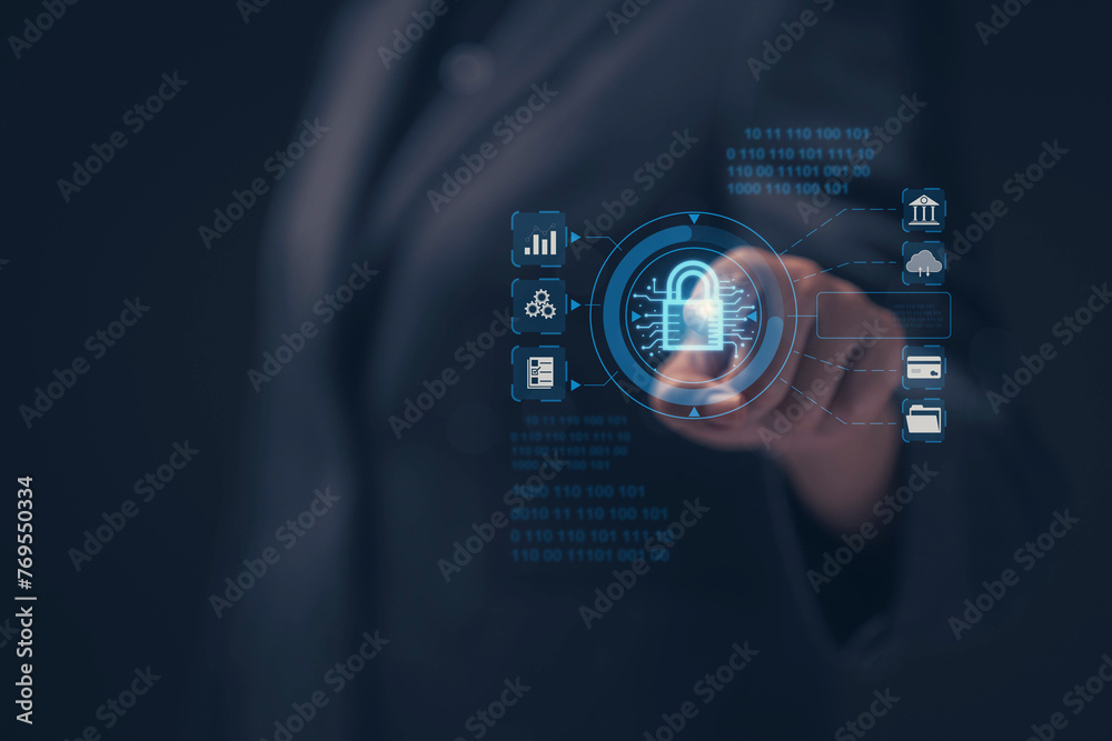 Fototapeta premium Cyber ​​security protection concept, personal data protection and financial transaction protection. Security lock technology protects personal information on smartphones.