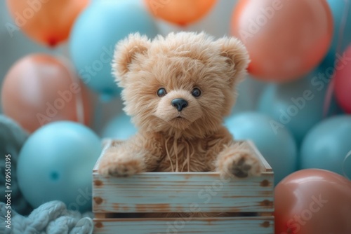 A cute Teddy Bear is riding a balloon in a box