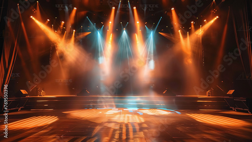 Stage of Splendor: Empty Space Music Concert Stage Illuminated by Spotlights and Enveloped in Smoke photo
