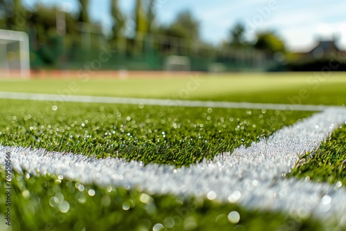 installation of white lines on an artificial turf sports field photo