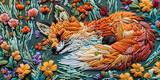 Detailed embroidery of baby fox with flower motifs, using colorful threads, beads and French knots.