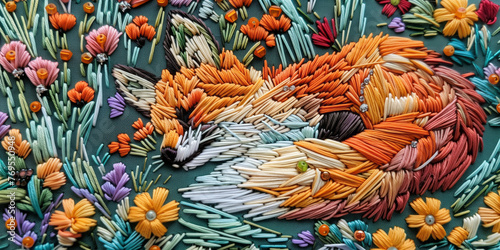 Detailed embroidery of baby fox with flower motifs, using colorful threads, beads and French knots. © MNStudio