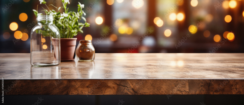 Wooden home table bokeh background, empty wood desk cafe tabletop surface product display mockup with blurry living room or city abstract backdrop advertising presentation. Mock up, copy space . - obrazy, fototapety, plakaty 
