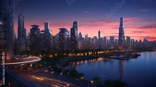 A cityscape at twilight, with smart lighting systems enhancing both aesthetics and energy efficiency.