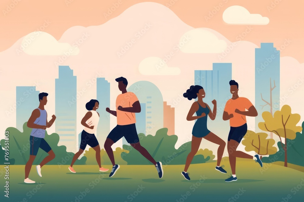 A minimalist illustration features a diverse group of people jogging together in a park. The simplicity and camaraderie of outdoor fitness. The vitality and unity in staying active together.
