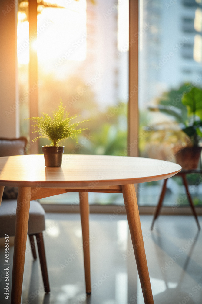 Obraz premium Wooden home table bokeh background, empty wood desk cafe tabletop surface product display mockup with blurry living room or city abstract backdrop advertising presentation. Mock up, copy space .