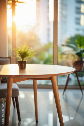 Wooden home table bokeh background  empty wood desk cafe tabletop surface product display mockup with blurry living room or city abstract backdrop advertising presentation. Mock up  copy space .