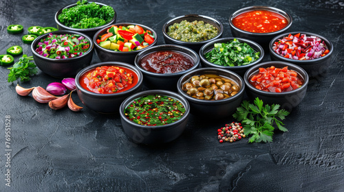 A variety of condiments are displayed in black bowls on a black counter. The bowls are arranged in a row, with some bowls containing more condiments than others