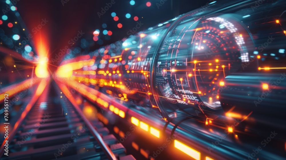 Obraz premium Futuristic vortex tunnel of streaming data and video fluxing blue background,Generative ai