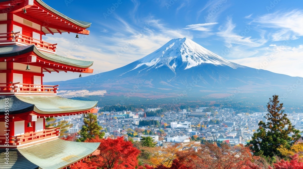 Mtfuji  tallest volcano in tokyo, japan   snow capped peak, autumn red trees, nature landscape