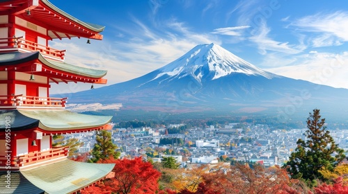 Mtfuji  tallest volcano in tokyo  japan   snow capped peak  autumn red trees  nature landscape