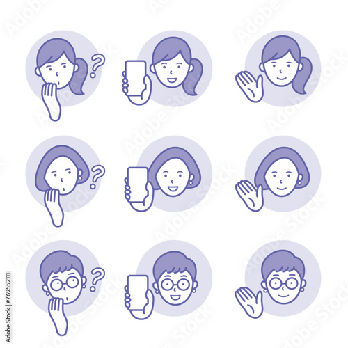 疑問を感じて首をかしげる、スマホを持つ、こちらと手で示す女性の丸いアイコン【1色】【セット】