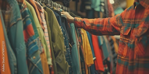Person browsing through thrift store rack promoting sustainable fashion. Concept Thrift Store Finds, Sustainable Fashion, Secondhand Shopping, Eco-Friendly Outfits, Upcycled Style