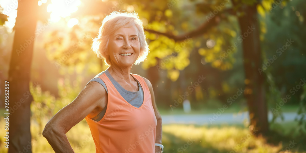 Happy senior woman running in city park on sunny summer evening. Retired lady exercising outdoors. Retirement hobby and leisure activity for elderly people. Happy senior woman running in city park on sunny summer evening. Retired lady exercising outdoors. Retirement hobby and leisure activity for elderly people.