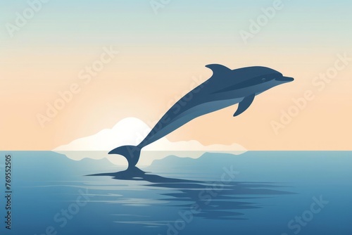 A minimalist illustration features the outline of a dolphin jumping gracefully out of the water, symbolizing joy and playfulness in marine life. © DK_2020