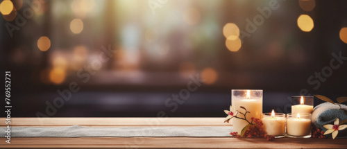 Wooden table spa bokeh background, empty wood desk product display mockup with relaxing wellness massage salon blurry abstract backdrop, body care cosmetic ads presentation. Mock up, copy space . #769552721