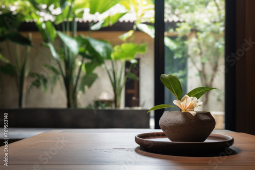 Wooden table spa bokeh background, empty wood desk product display mockup with relaxing wellness massage salon blurry abstract backdrop, body care cosmetic ads presentation. Mock up, copy space .