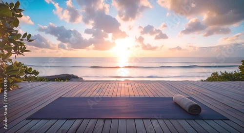 Yoga mat overlooking the serene beach at dawn, peaceful meditation photo