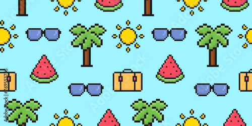 summer pattern with pixel art elements, sunglasses, palm, sun, watermelon, suitcase, seamless pattern for backgrounds, wrapping and more, vector illustration