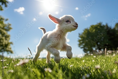 Young goat kid frolicking in a field
