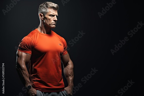Muscular man in red t-shirt looking serious and strong