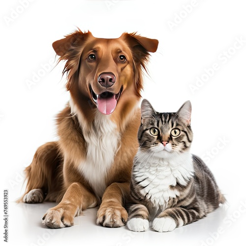 Dog and cat looking at camera with digitally altered human smiles