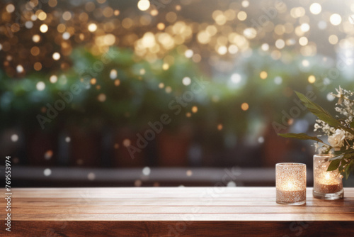 Wooden table spa bokeh background, empty wood desk product display mockup with relaxing wellness massage salon blurry abstract backdrop, body care cosmetic ads presentation. Mock up, copy space . © Synthetica