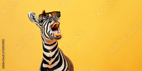 Funny zebra in sunglasses announcing an event on yellow background with copy space.  Funny animal.