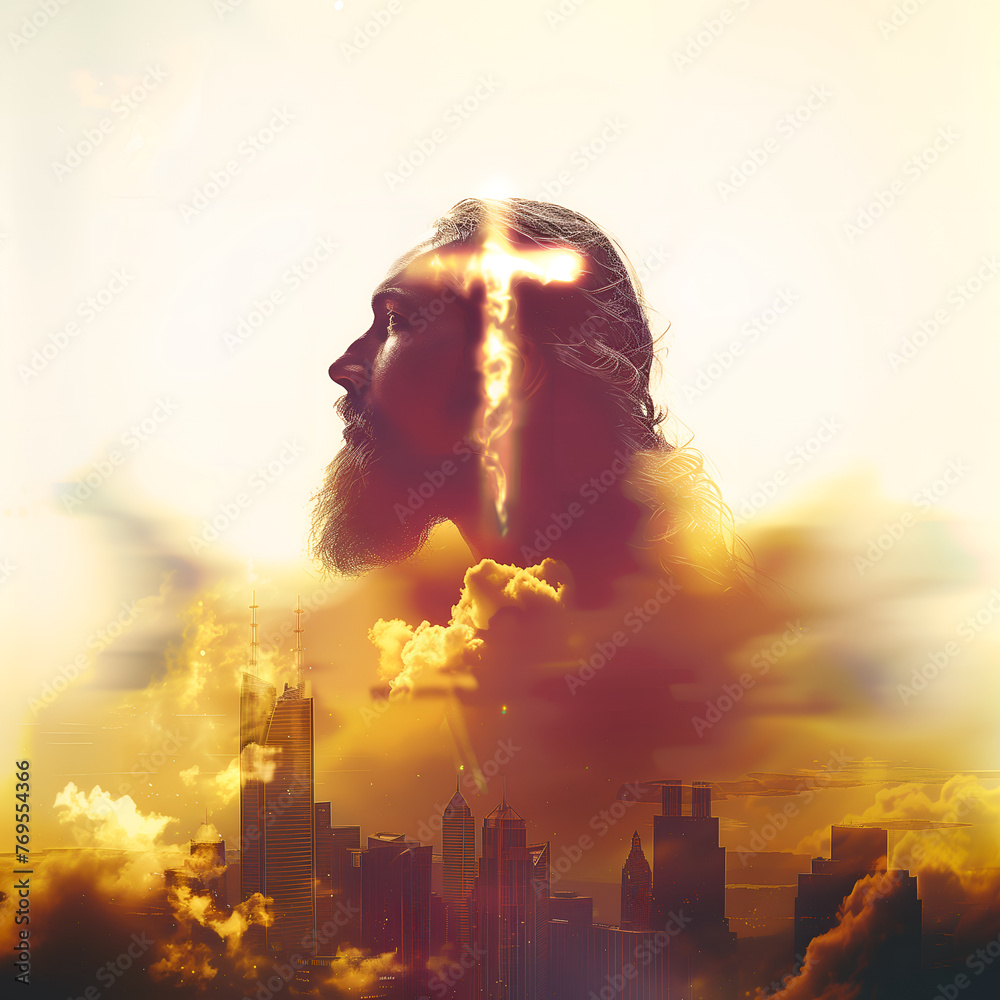 Double exposure image of Jesus Christ, Christian cross and skyscrapers - obrazy, fototapety, plakaty 
