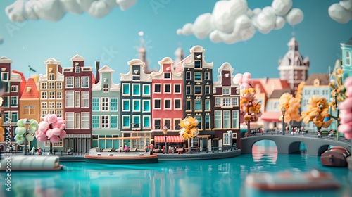 Behold the high-resolution claymation diorama of Amsterdam, where pastel colors reign supreme and fluffy cotton clouds drift lazily across the bright blue sky. The intricate clay models stand as a tes photo