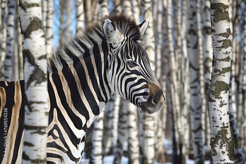 Zebra in a birch grove in winter  close-up