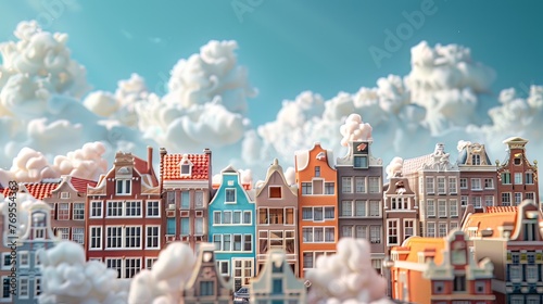 Behold the high-resolution claymation diorama of Amsterdam, where pastel colors reign supreme and fluffy cotton clouds drift lazily across the bright blue sky. The intricate clay models stand as a tes photo
