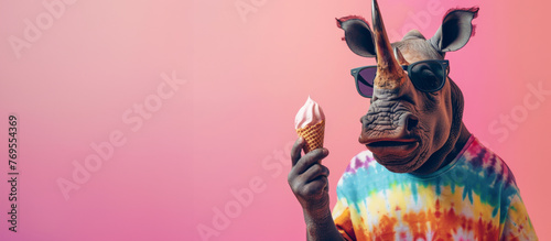 Funny fancy rhino with ice cream on pink background. Vacation and fun activities concept.