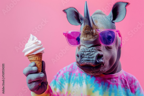 Funny rhino with ice cream on pink background. Summer vacation concept. photo