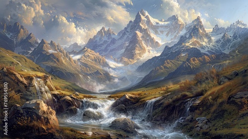 A painting depicting a mountain stream flowing through the majestic Alps  with Mont Blanc towering in the background.