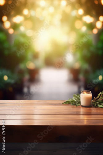 Wallpaper Mural Wooden table spa bokeh background, empty wood desk product display mockup with relaxing wellness massage salon blurry abstract backdrop, body care cosmetic ads presentation. Mock up, copy space . Torontodigital.ca