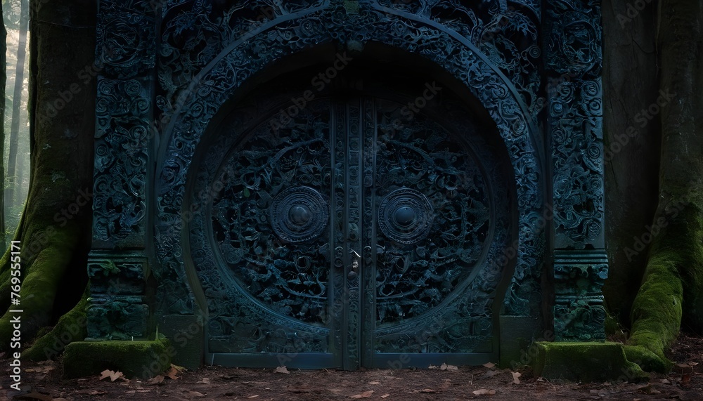 A Door With Intricate Carvings In A Dark Forest