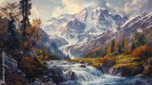 A painting depicting a mountain stream flowing through the majestic Alps, with Mont Blanc towering in the background.