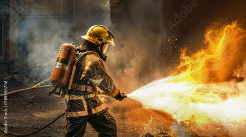 Magnifique photo d'un pompier en action, incendie, fumée, cinématographique 