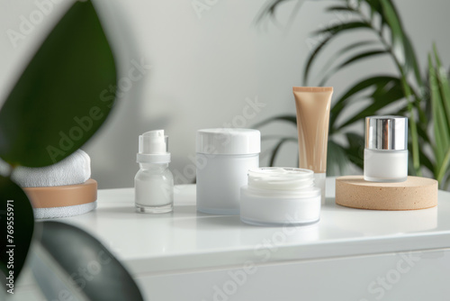 Cosmetics for face and body in jars and containers on a white table with indoor plants, beauty product concept.