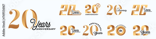 Collection of 20th Anniversary vector template designs with various number styles in elegant gold color for celebration events, weddings, greeting cards and invitations photo