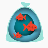 Cartoon red fish in cellophane bag isolated on white background. Creative art composition in minimal paper cut style. Fashion vector illustration.