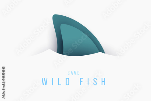 Cartoon shark fin isolated on white background. Creative art composition in minimal paper cut style. Fashion vector illustration.