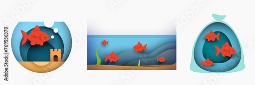Set cartoon red fish in big and round aquarium. Gold fish in cellophane bag isolated on white background. Creative art composition in minimal paper cut style. Fashion vector illustration.