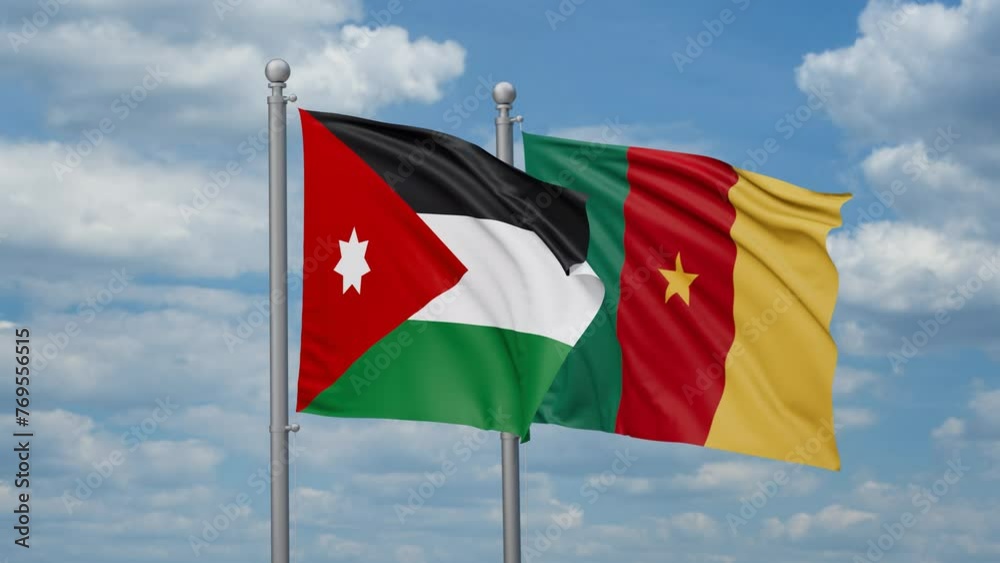 Cameroon and Jordan two flags waving together, looped video, two country relations concept Cameroon and Jordan two flags waving together, looped video, two country relations concept