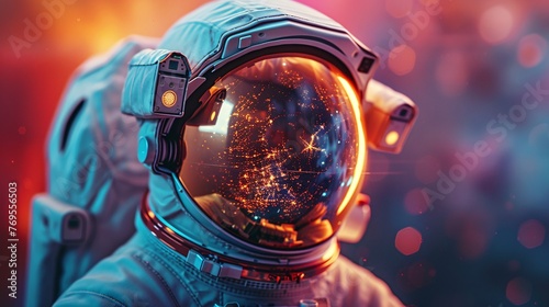 Astronaut's helmet reflecting a stunning infinity space vista. Hyper-realistic, hyper-detailed photo