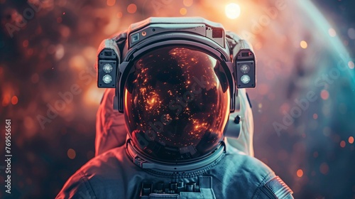 Astronaut's helmet reflecting a stunning infinity space vista. Hyper-realistic, hyper-detailed