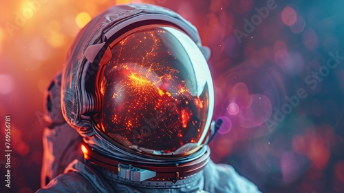 Astronaut's helmet reflecting a stunning infinity space vista. Hyper-realistic, hyper-detailed photo